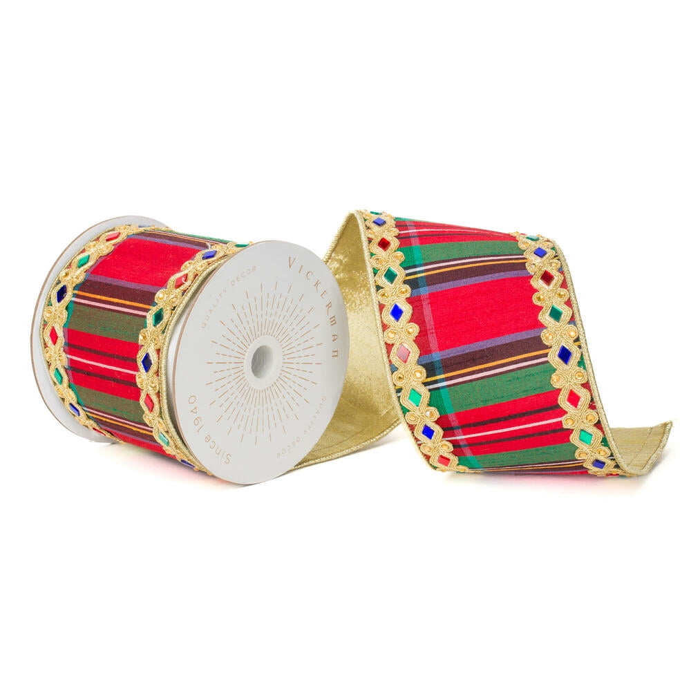Vickerman QK240955 4 in. x 10 Yards Multi Color Traditional Plaid Wired Ribbon