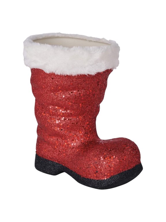 Glitter Fur Santa Boot Container in Red 9.5 inchs