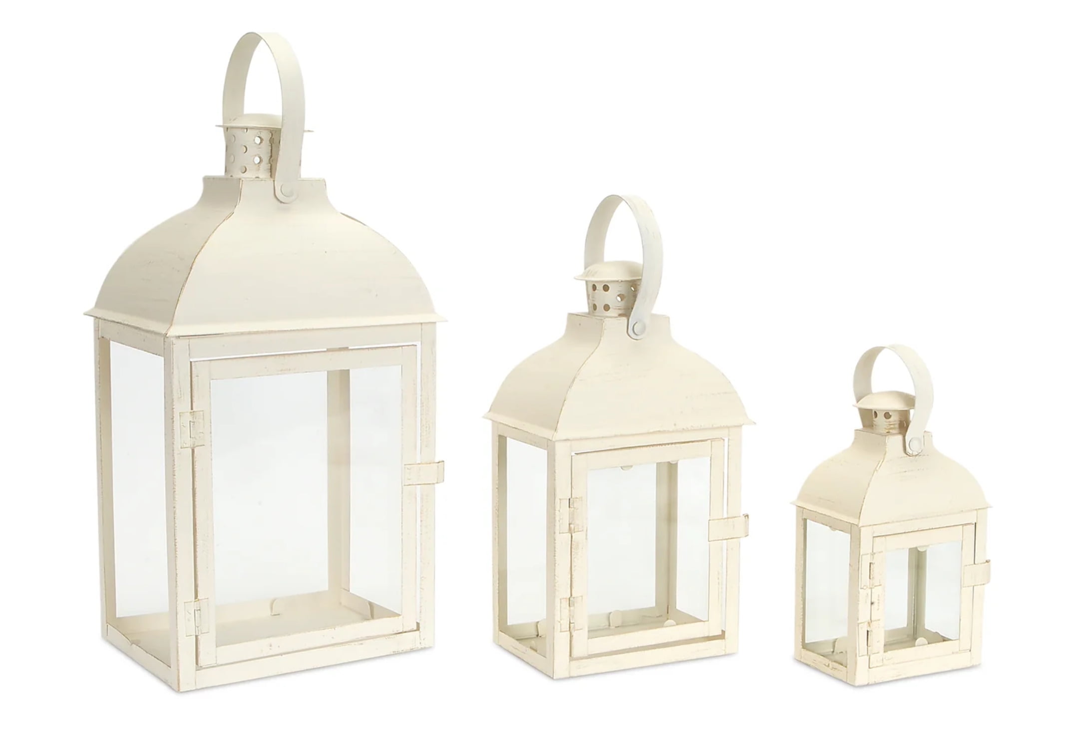 Ivory Metal Tabletop and Hanging Candle Lantern Set