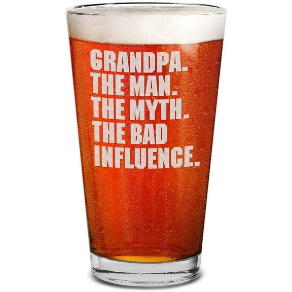 Shop4Ever Grandpa. The Man. The Myth. The Bad Influence. Engraved Beer Pint Glass Grandpa Drinking Glass (16 oz.)