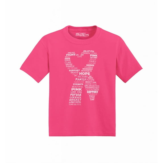 Shop4Ever Heart Ribbon Breast Cancer Word Cloud Toddler's Cotton T-Shirt 5T/6T Hot Pink