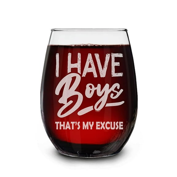 Shop4Ever® I Have Boys That’s My Excuse Engraved Stemless Wine Glass Boy Mom Glass 15 oz.