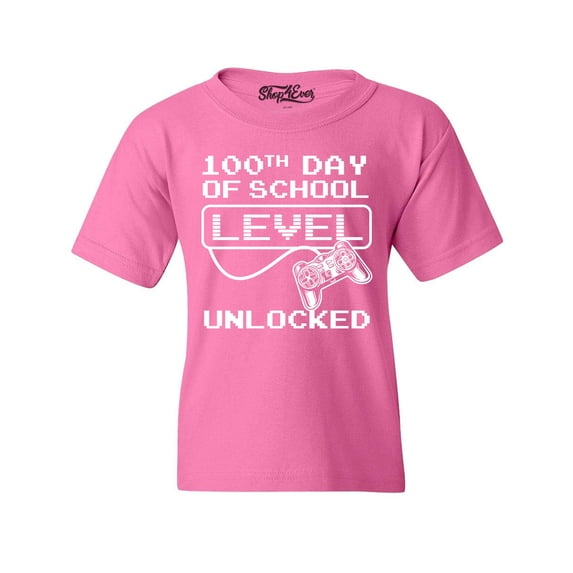 Shop4Ever Kids 100th Day of School Level Unlocked Video Gamer Graphic Child's Youth T-Shirt Large Azalea Pink