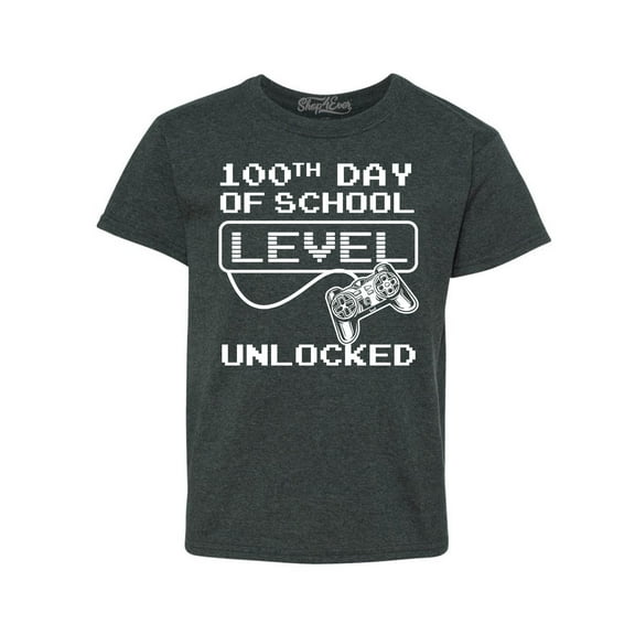 Shop4Ever Kids 100th Day of School Level Unlocked Video Gamer  Graphic Child's Youth T-Shirt Medium Dark Heather