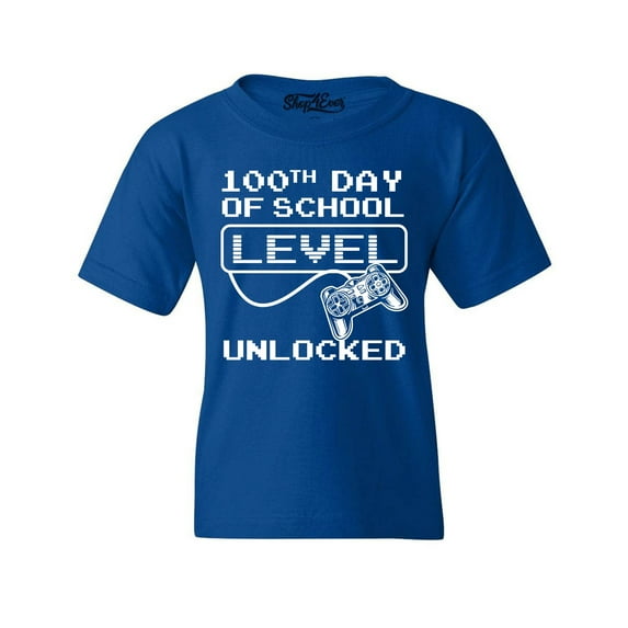 Shop4Ever Kids 100th Day of School Level Unlocked Video Gamer Graphic Child's Youth T-Shirt Medium Royal Blue