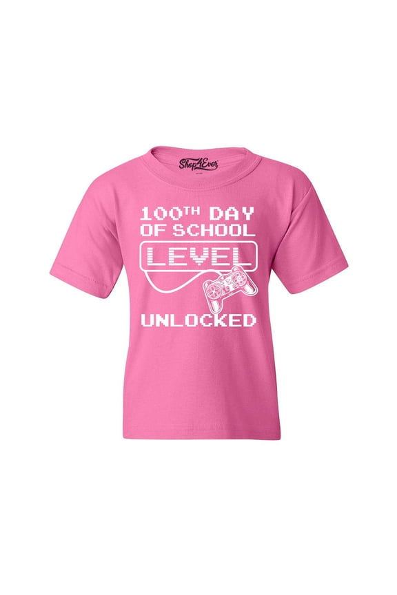 Kids 100th Day of School Level Unlocked Video Gamer Graphic Child's Youth T-Shirt X-Large Azalea Pink