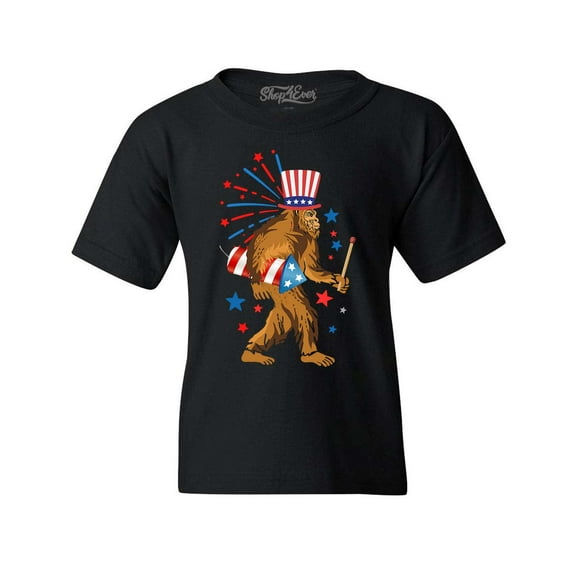 Shop4Ever Kids 4th of July Bigfoot Patriotic Sasquatch Fireworks Graphic Child's Youth T-Shirt X-Large Black