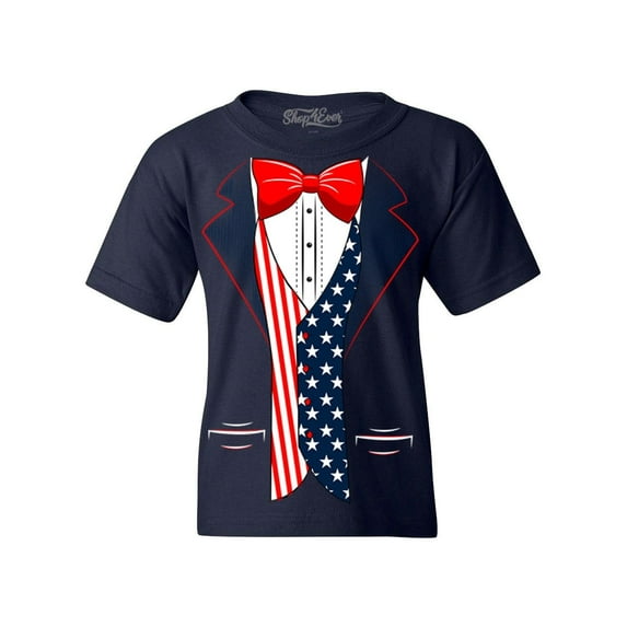 Shop4Ever Kids 4th of July USA Tuxedo American Flag Costume Graphic Child's Youth T-Shirt Large Navy Blue