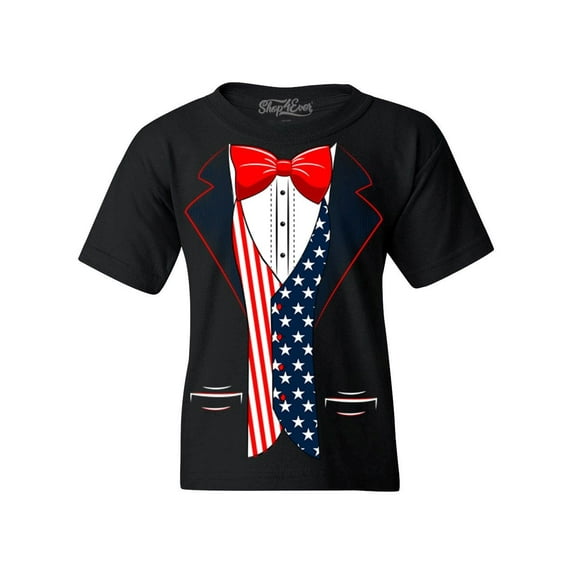 Shop4Ever Kids 4th of July USA Tuxedo American Flag Costume Graphic Child's Youth T-Shirt X-Large Black