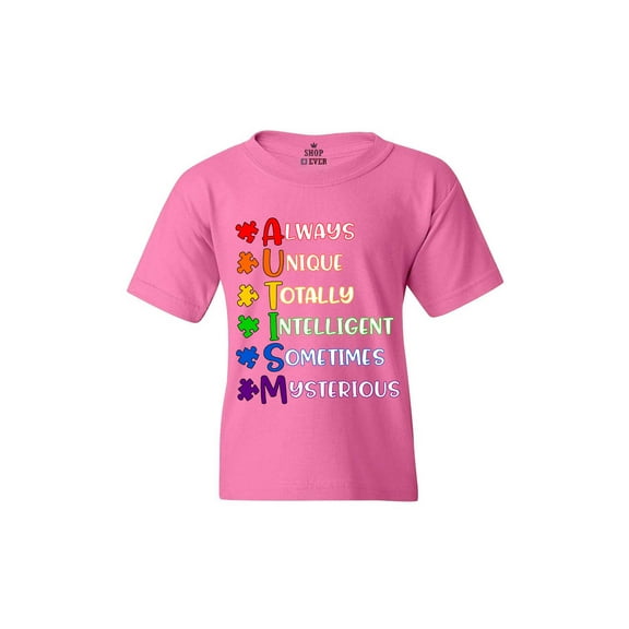 Shop4Ever Kids Always Unique Autism Awareness Graphic Child's Youth T-Shirt Small Azalea Pink