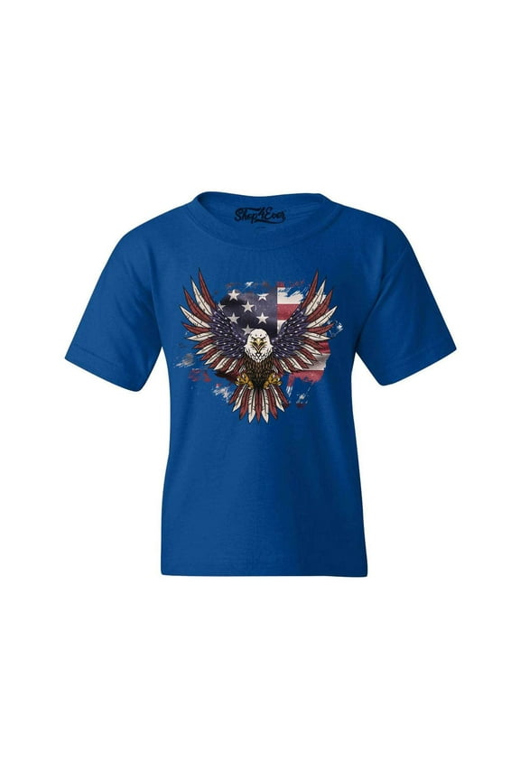 Kids American Bald Eagle USA Flag Graphic Child's Youth T-Shirt Small Royal Blue