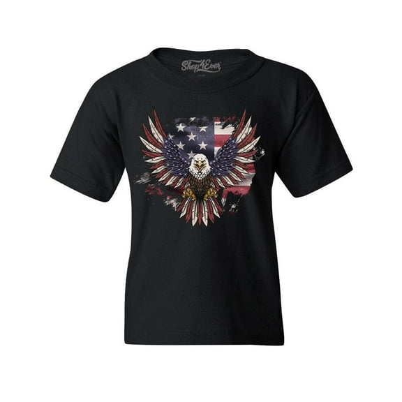 Shop4Ever Kids American Bald Eagle USA Flag Graphic Child's Youth T-Shirt X-Small Black
