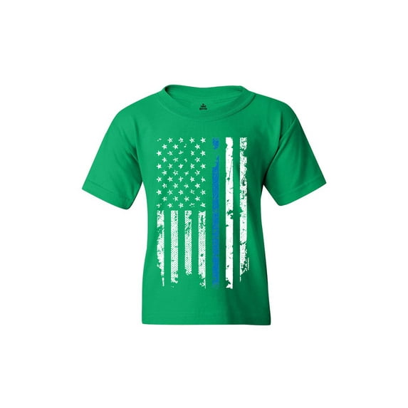 Shop4Ever Kids American Flag Blue Line Patriotic 4th of July Graphic Child's Youth T-Shirt Large Irish Green