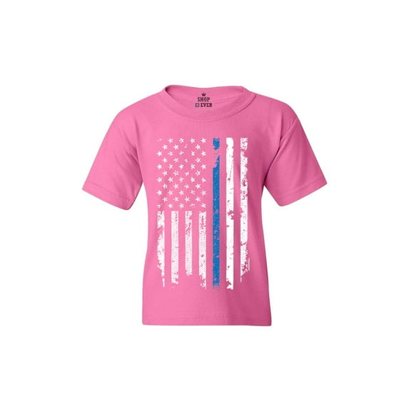 Shop4Ever Kids American Flag Blue Line Patriotic 4th of July Graphic Child's Youth T-Shirt Medium Azalea Pink
