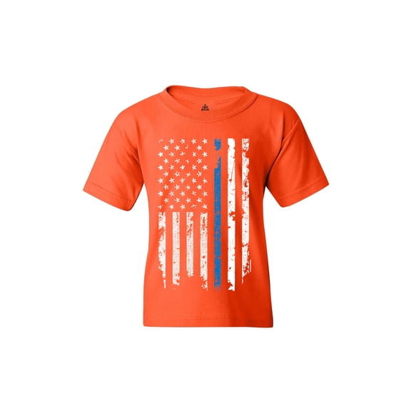 Shop4Ever Kids American Flag Blue Line Patriotic 4th of July Graphic Child's Youth T-Shirt Small Orange
