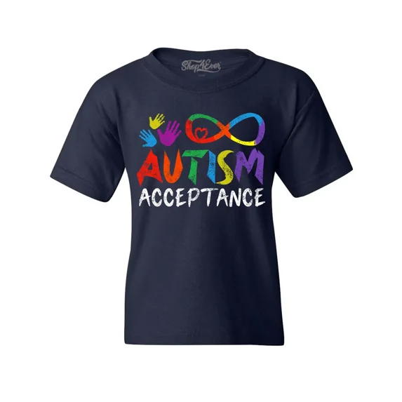 Shop4Ever Kids Autism Acceptance Infinity Symbol Graphic Child's Youth T-Shirt Large Navy Blue