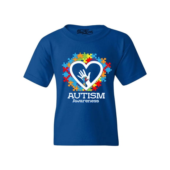 Shop4Ever Kids Autism Awareness Hands Puzzle Heart Graphic Child's Youth T-Shirt X-Large Royal Blue