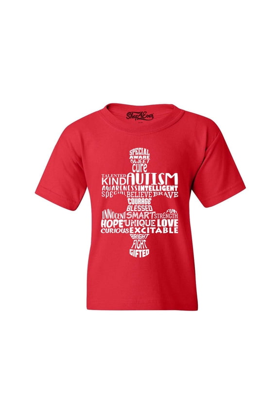 Kids Autism Awareness Puzzle Piece Word Cloud Graphic Child's Youth T-Shirt Large Red