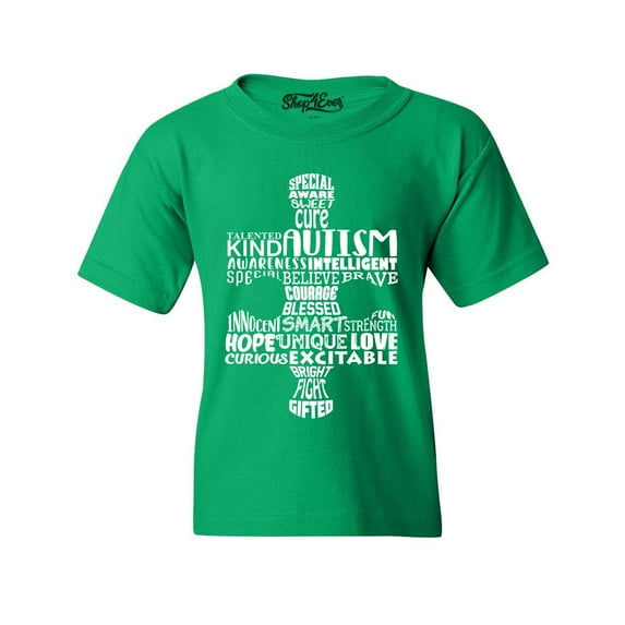 Shop4Ever Kids Autism Awareness Puzzle Piece Word Cloud Graphic Child's Youth T-Shirt Medium Irish Green