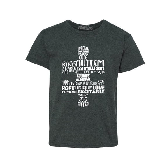 Shop4Ever Kids Autism Awareness Puzzle Piece Word Cloud Graphic Child's Youth T-Shirt Small Dark Heather