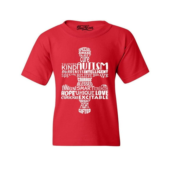 Shop4Ever Kids Autism Awareness Puzzle Piece Word Cloud Graphic Child's Youth T-Shirt X-Large Red