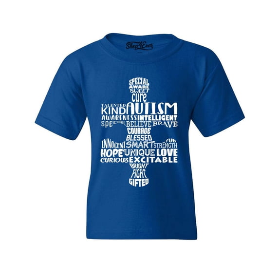 Shop4Ever Kids Autism Awareness Puzzle Piece Word Cloud Graphic Child's Youth T-Shirt X-Large Royal Blue