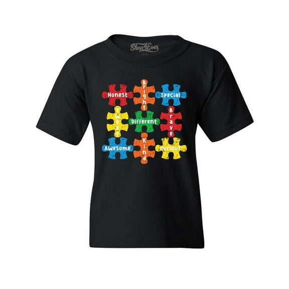 Shop4Ever Kids Autism Awareness Puzzle Pieces with Words Graphic Child's Youth T-Shirt Small Black