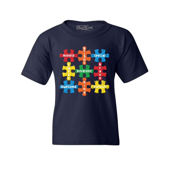 Shop4Ever Kids Autism Awareness Puzzle Pieces with Words Graphic Child's Youth T-Shirt X-Small Navy Blue