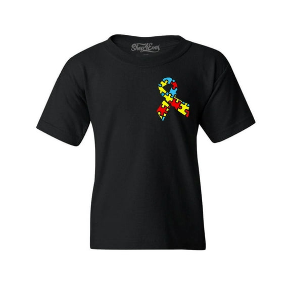 Shop4Ever Kids Autism Awareness Puzzle Ribbon Pocket Size Graphic Child's Youth T-Shirt Small Black