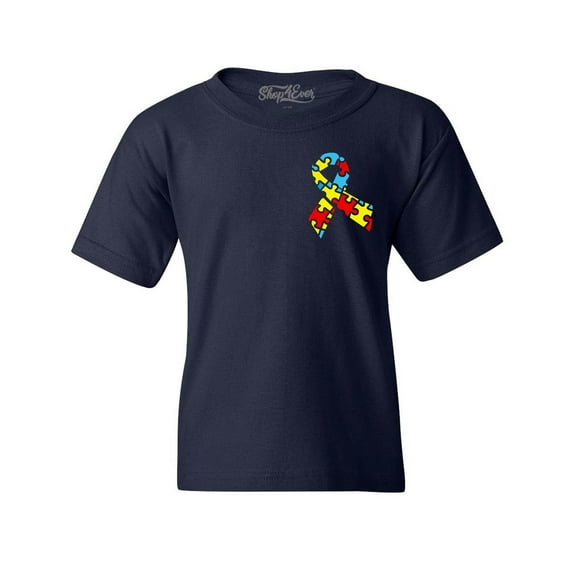 Shop4Ever Kids Autism Awareness Puzzle Ribbon Pocket Size Graphic Child's Youth T-Shirt X-Large Navy Blue