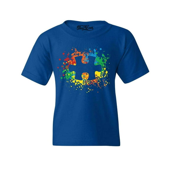 Shop4Ever Kids Autism Awareness Splatter Paint Puzzle Piece Graphic Child's Youth T-Shirt Medium Royal Blue