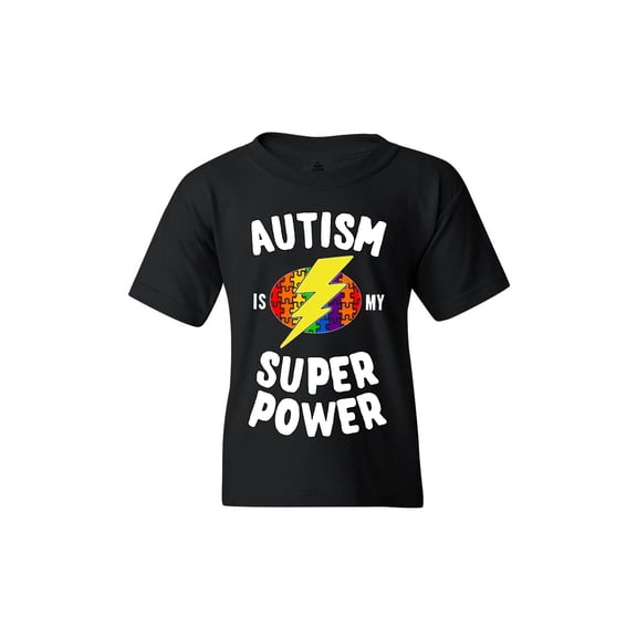 Shop4Ever Kids Autism Is My Super Power Autism Awareness Graphic Child's Youth T-Shirt Medium Black