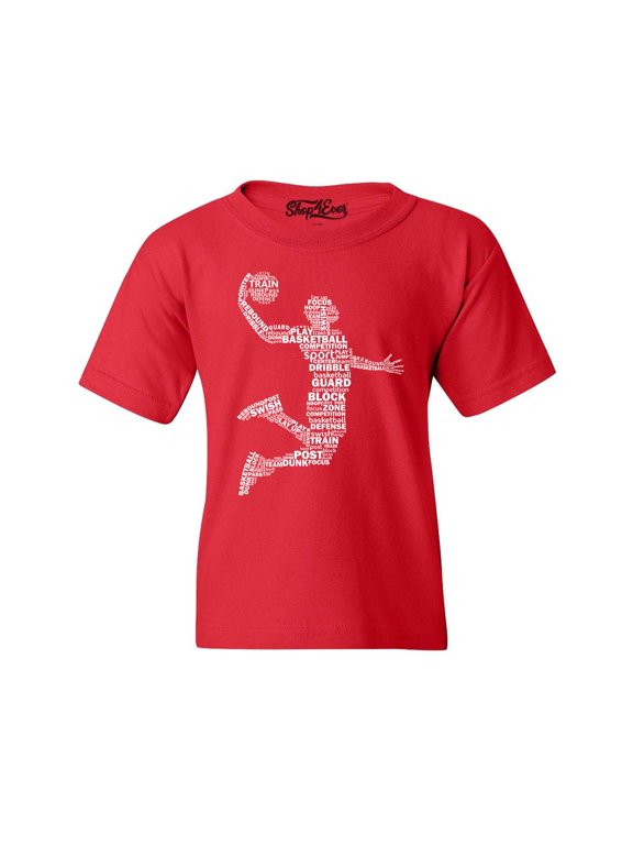 Kids Basketball Player Dunk Silhouette Word Cloud Graphic Child's Youth T-Shirt Medium Red