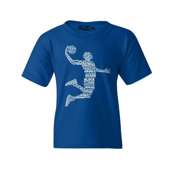 Shop4Ever Kids Basketball Player Dunk Silhouette Word Cloud Graphic Child's Youth T-Shirt Small Royal Blue