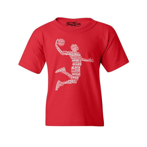 Shop4Ever Kids Basketball Player Dunk Silhouette Word Cloud Graphic Child's Youth T-Shirt X-Large Red