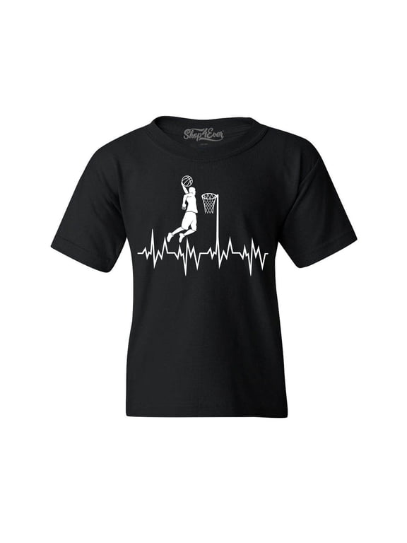 Kids Basketball Player Slam Dunk Heartline Heartbeat Graphic Child's Youth T-Shirt Large Black