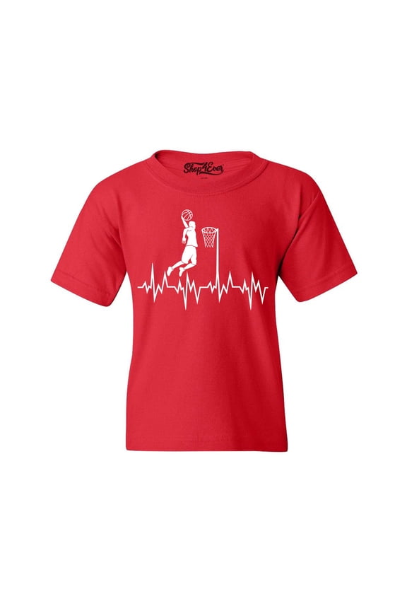 Kids Basketball Player Slam Dunk Heartline Heartbeat Graphic Child's Youth T-Shirt Large Red