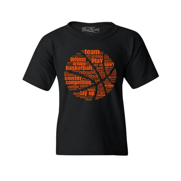 Shop4Ever Kids Basketball Word Cloud Orange Ball Silhouette Graphic Child's Youth T-Shirt Medium Black