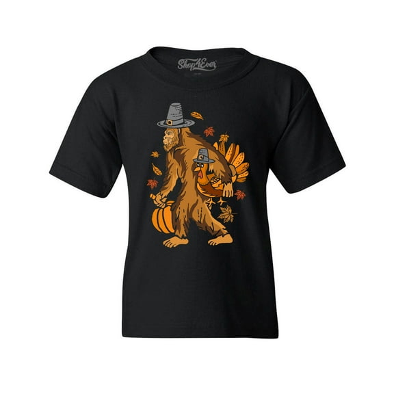 Shop4Ever Kids Bigfoot Pilgrim Turkey Pumpkin Thanksgiving Sasquatch Graphic Child's Youth T-Shirt Small Black