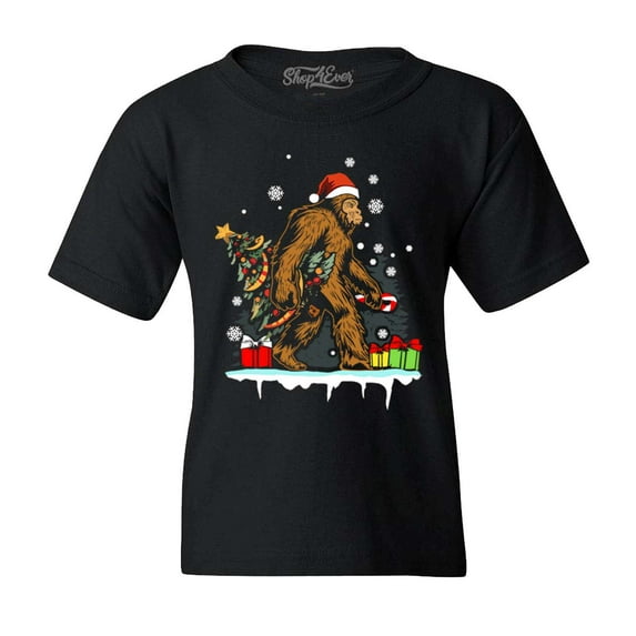 Shop4Ever Kids Bigfoot Santa Christmas Tree Toy Sack Sasquatch Graphic Child's Youth T-Shirt Large Black