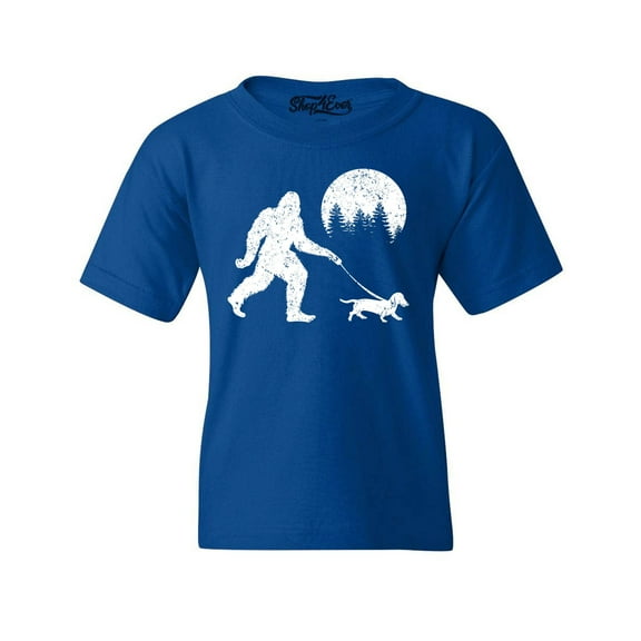 Shop4Ever Kids Bigfoot Walking Wiener Dog Funny Sasquatch Dachshund Graphic Child's Youth T-Shirt Large Royal Blue
