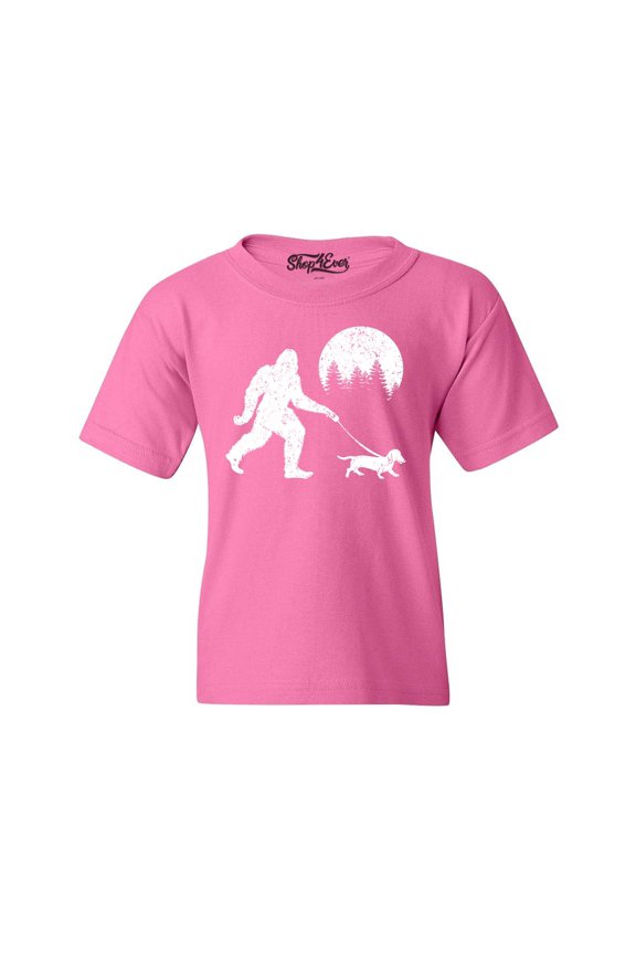 Kids Bigfoot Walking Wiener Dog Funny Sasquatch Dachshund Graphic Child's Youth T-Shirt X-Small Azalea Pink