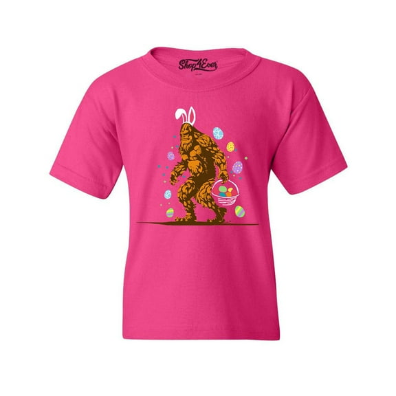 Shop4Ever Kids Bigfoot with Easter Basket and Eggs Funny Graphic Child's Youth T-Shirt Small Heliconia Pink
