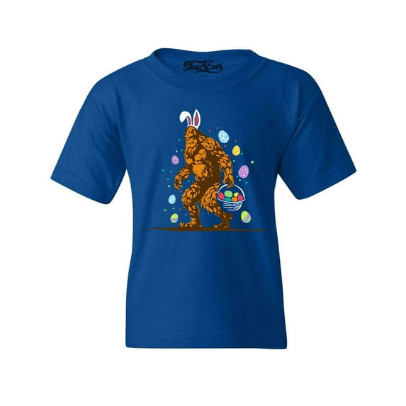 Shop4Ever Kids Bigfoot with Easter Basket and Eggs Funny Graphic Child's Youth T-Shirt X-Small Royal Blue