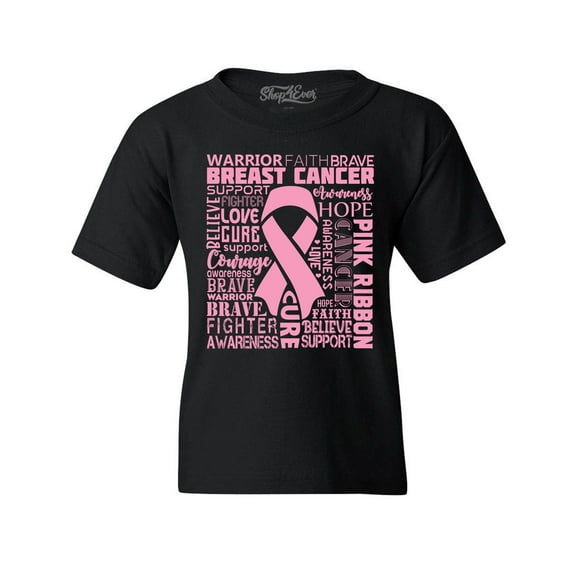 Shop4Ever Kids Breast Cancer Awareness Pink Ribbon Word Cloud Graphic Child's Youth T-Shirt Large Black