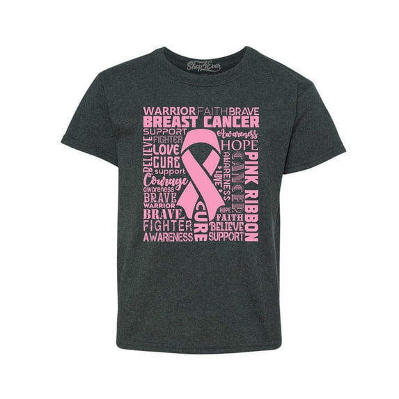 Shop4Ever Kids Breast Cancer Awareness Pink Ribbon Word Cloud Graphic Child's Youth T-Shirt Small Dark Heather