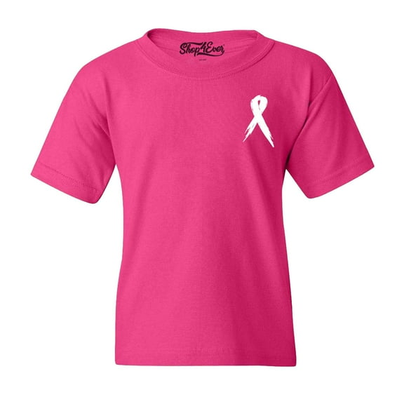 Shop4Ever Kids Breast Cancer Awareness Ribbon Pocket Size Graphic Child's Youth T-Shirt Large Heliconia Pink