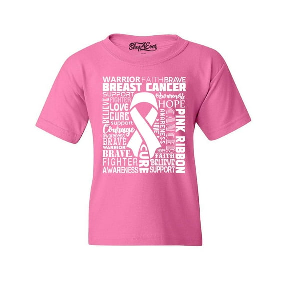 Shop4Ever Kids Breast Cancer Awareness White Ribbon Word Cloud Graphic Child's Youth T-Shirt X-Small Azalea Pink