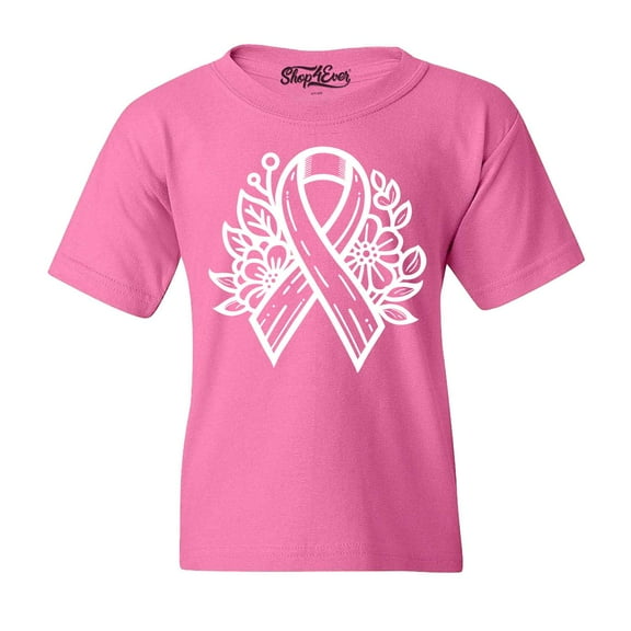 Shop4Ever Kids Breast Cancer Ribbon Flowers Graphic Child's Youth T-Shirt Large Azalea Pink