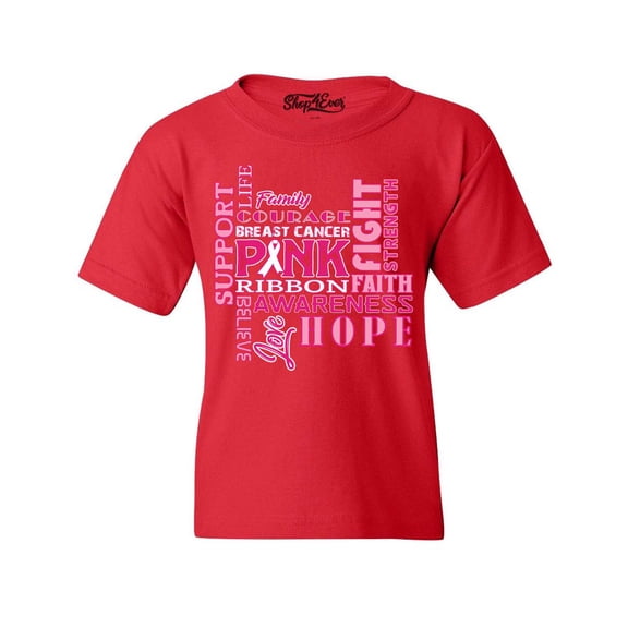 Shop4Ever Kids Breast Cancer Support Fight Ribbon Awareness Graphic Child's Youth T-Shirt Large Red